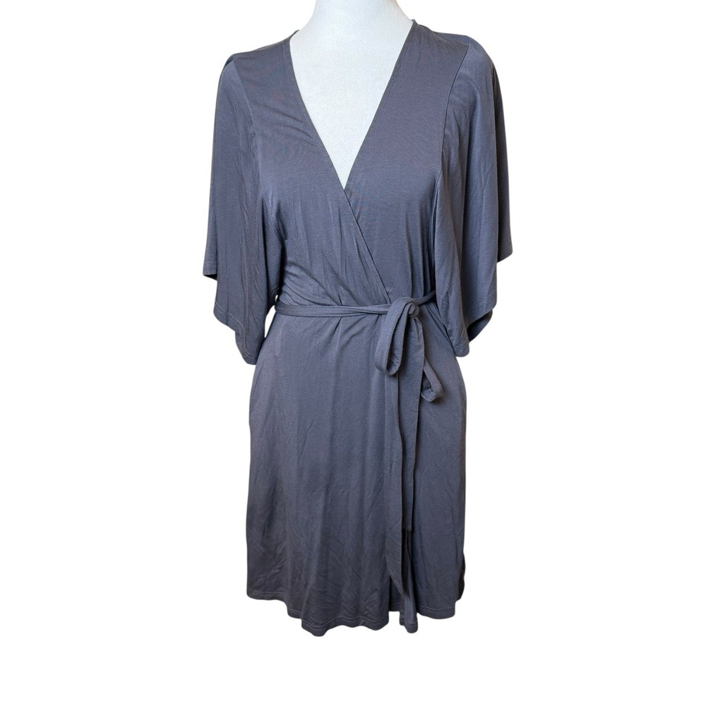 Barefoot Dreams Malibu Collection Sand-Washed Jersey Knit Midi‎ Robe Small Gray
